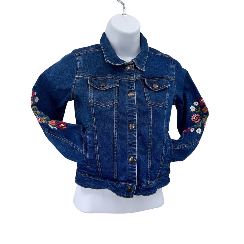 Garnet Hill Kids Denim/Jean Jacket Floral Snap Coat L Blue Button Up Embroidered